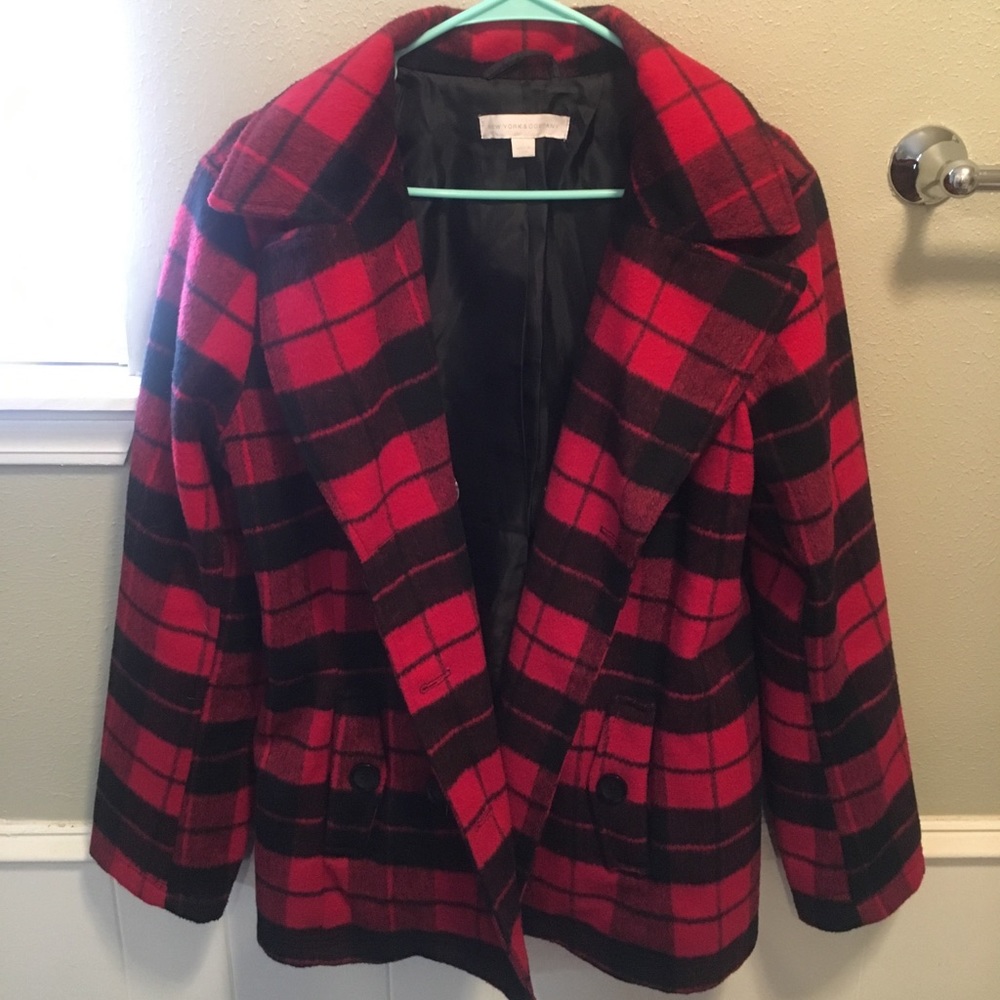 Red and black pea coat
